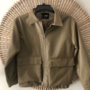 LMG mens tan vinyl look bomber jacket